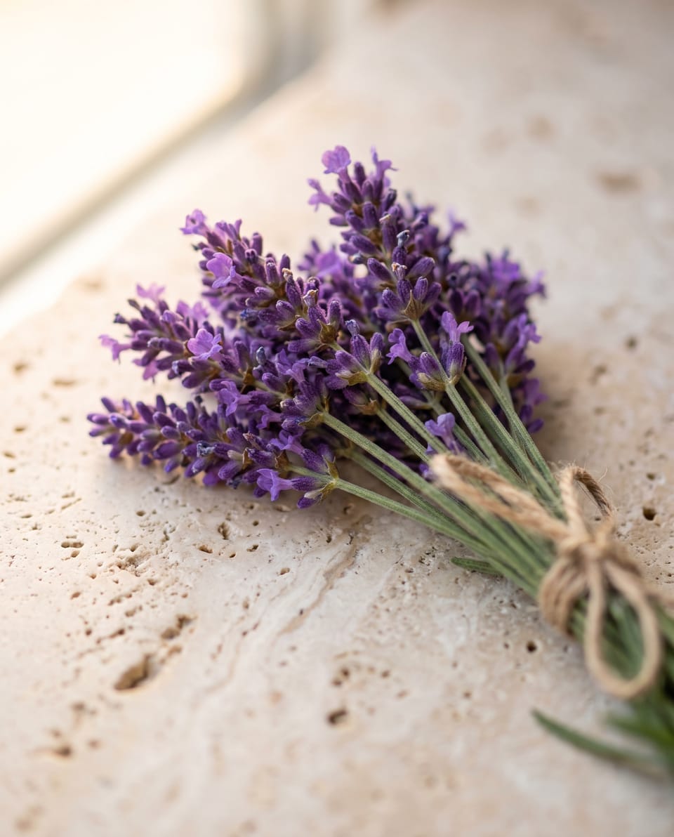 A bundle of fresh lavender tied with twine on pale stone