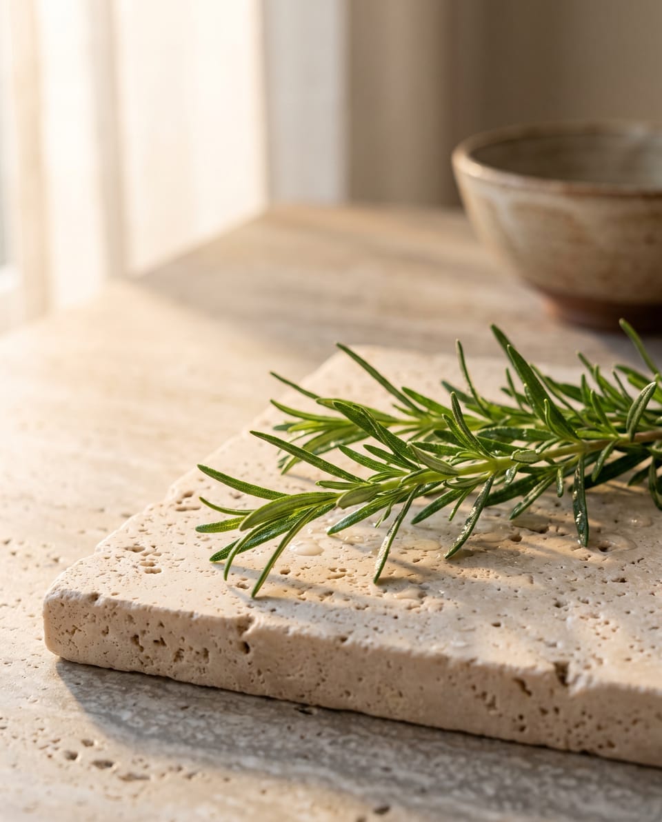 Fresh rosemary sprigs on a stone ledge by a window
